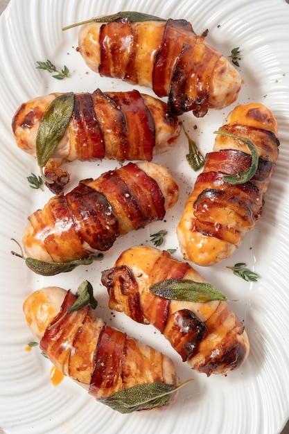 Foto maiali di natale in coperte salsicce avvolte in pancetta con foglie di salvia