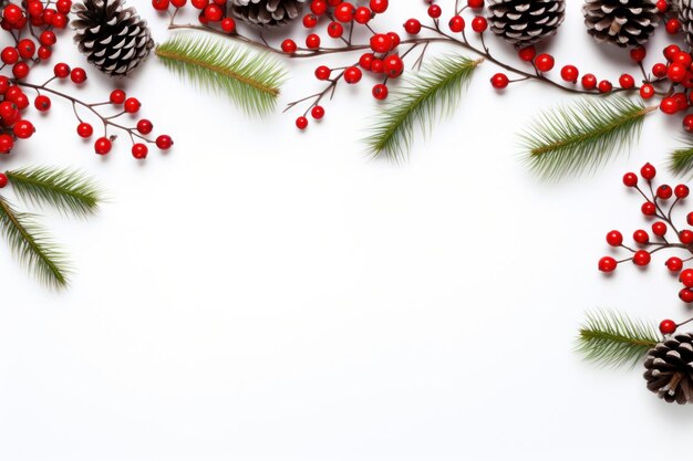 Christmas pine branch background with berries and icing