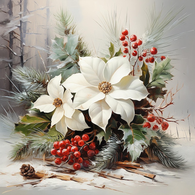 Christmas Pine Needle and White Poinsettia Oil Painting