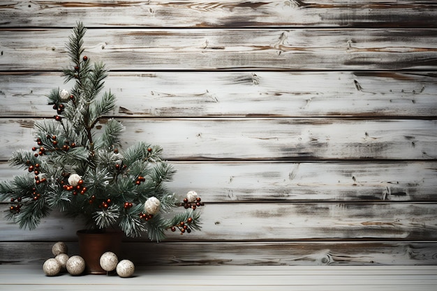 Christmas pine tree and pine leaf decoration on vintage wooden floor Generative AI Illustration