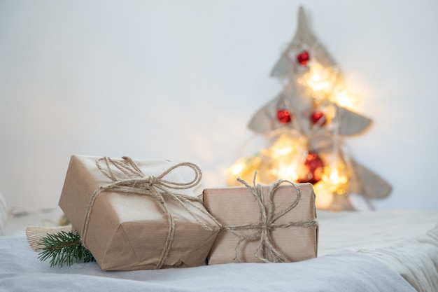 christmas place nature concept craft ecology materials setting with ribbon and christmas decorations