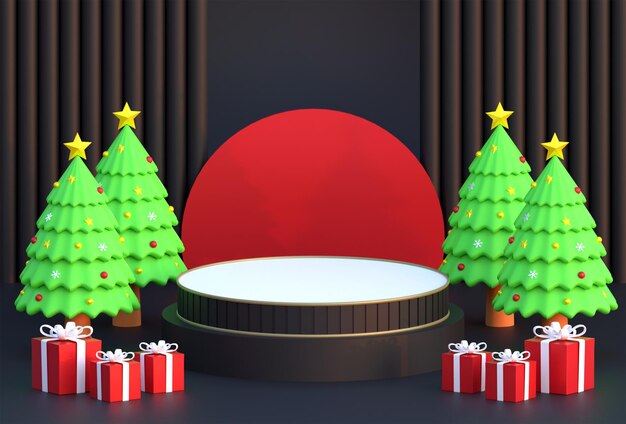 写真 ギフトボックスと松の木の3dイラストとクリスマスの表彰台の暗い背景