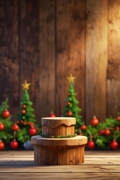 Christmas podium with tree trunk and Christmas theme background