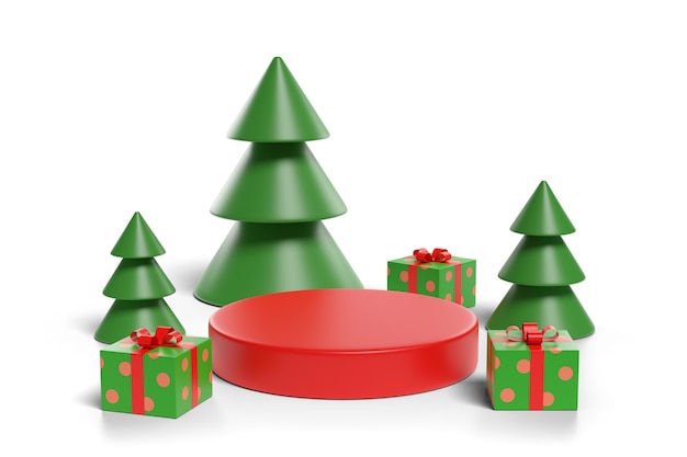 Christmas podium with trees and gifts isolated on white background.