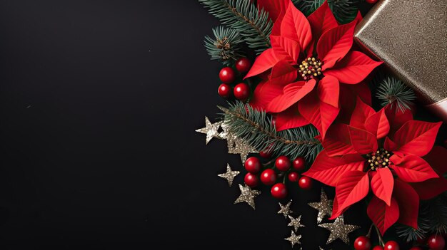 Photo christmas poinsettia flower berries gift box closeup on a black background with copy space top view