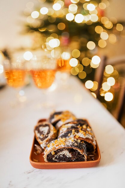 Christmas poppy seed roll on a table