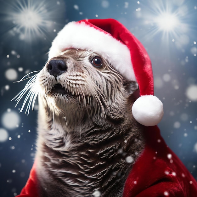 Рождественский портрет симпатичной выдры в шляпе Санта-Клауса