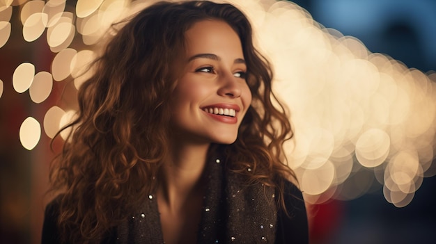 Christmas Portrait of happy woman on street snow and joy walk in evening Christmas holiday mood smile on woman face