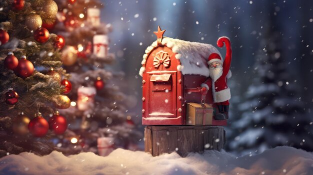 写真 雪の森のクリスマスポストボックス 背景にクリスマスツリーの赤いポストボックス