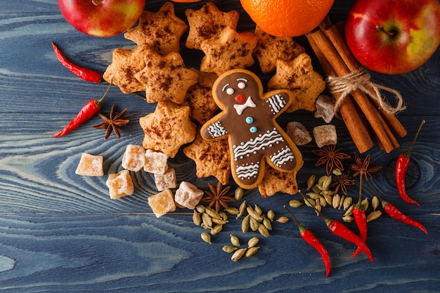 Christmas postcard decoration concept. Fir and ball on rustic wooden table