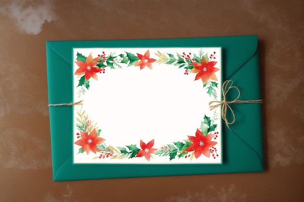 Christmas postcard A green envelope with a ribbon tied with a bow that says poinsettia