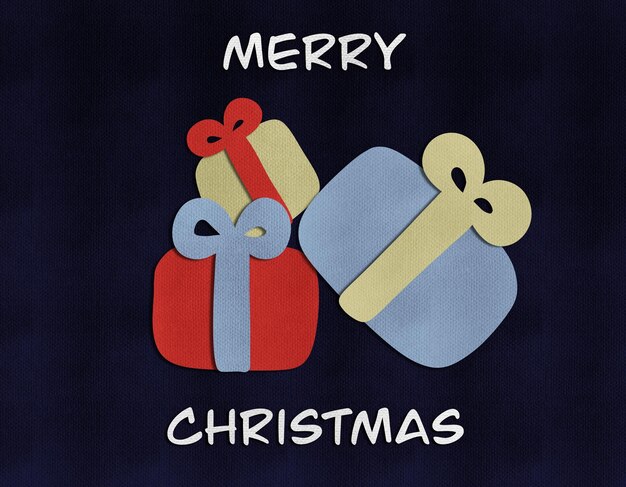 Christmas postcard with Presents and Merry Christmas text in paper cut style on deep blue background