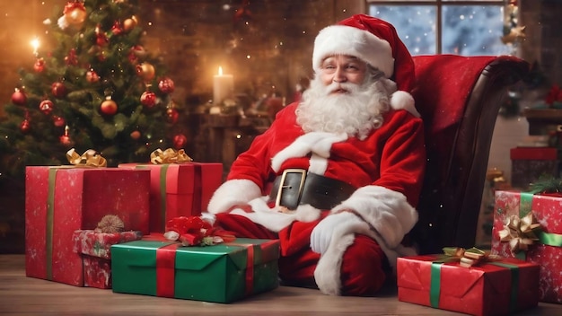Рождественская открытка с Санта-Клаусом и небольшими подарочными коробками