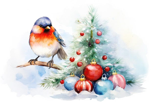 크리스마스 트리와 멋쟁이 새의 가지가 있는 크리스마스 배경의 크리스마스 포스터 그림 사후 처리된 AI 생성 이미지