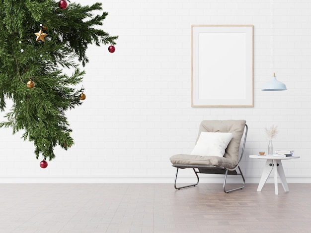 Christmas poster mockup with wood frame, fir tree, star garland and deer on white wall background. 3D renderin