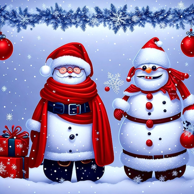 Christmas poster with cute snowman santa with gifts