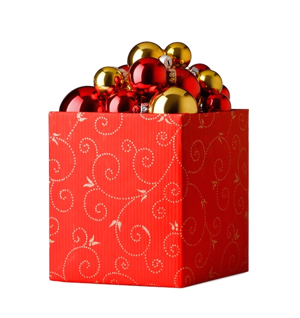 Christmas present Gift box and christmas baubles on a white background