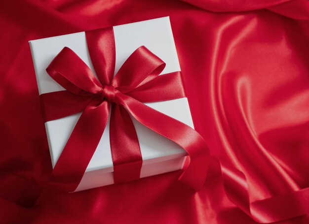 Christmas present valentine day gift white box with red ribbon\
decoration on satin background