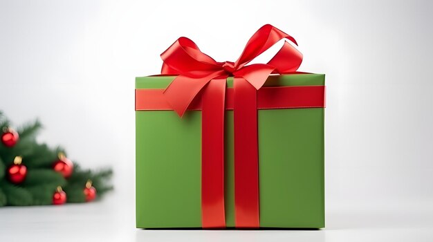 A Christmas present wrapped in green paper with a red bow on a solid white background