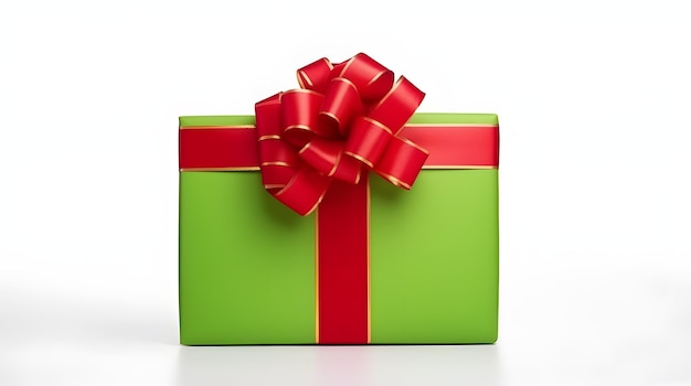 A Christmas present wrapped in green paper with a red bow on a solid white background