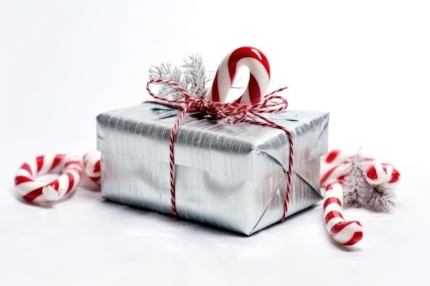 a christmas present wrapped in white and red ribbon.