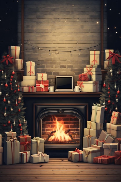 Christmas presents around the fireplace