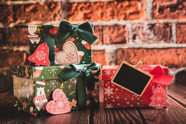 Christmas presents Christmas gift boxes on wood