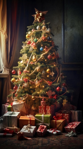 Christmas presents under Christmas tree with Chritsmas decoration