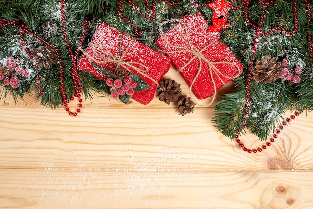 Christmas Presents And Decorations on wooden table