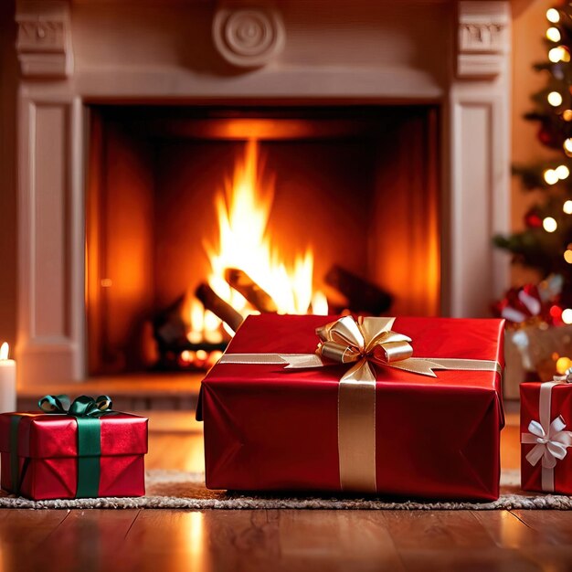 Christmas presents next to fireplace traditional holiday custom of sharing and giving gifts