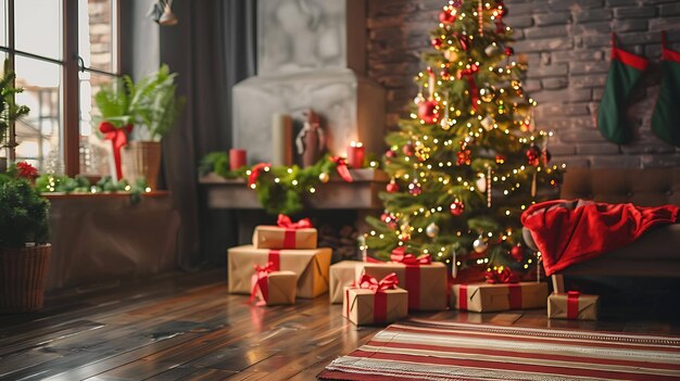 Photo christmas presents in front of a christmas tree