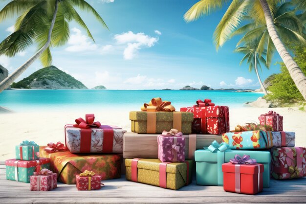 Photo christmas presents gifts on tropical beach under palm tree