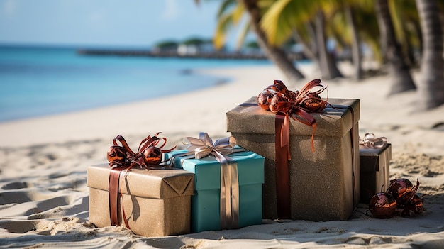 Foto regali di natale su una spiaggia tropicale