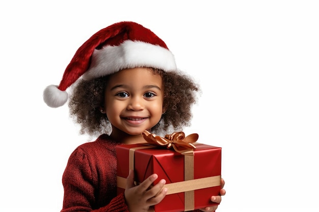 Photo christmas presents a happy cute little black american girl in a beautiful red dress and santa hat