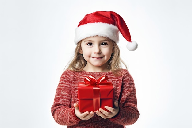 Christmas presents A happy little girl in a beautiful red sweater and santa hat stands with a gift