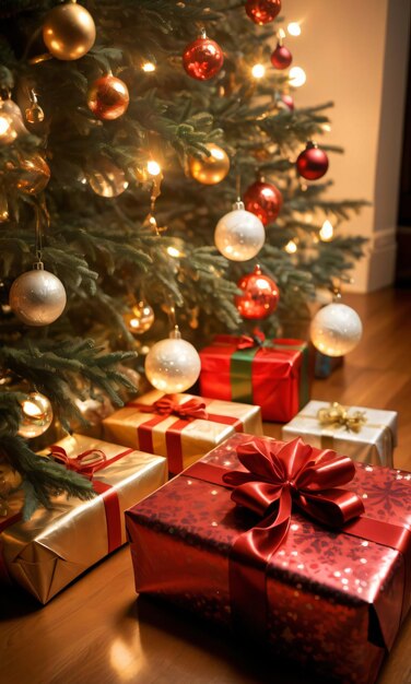 크리스마스 선물 나무 에 숨겨진 포장 종이 불빛에 반이는.