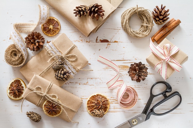 Christmas presents in rustic wrap