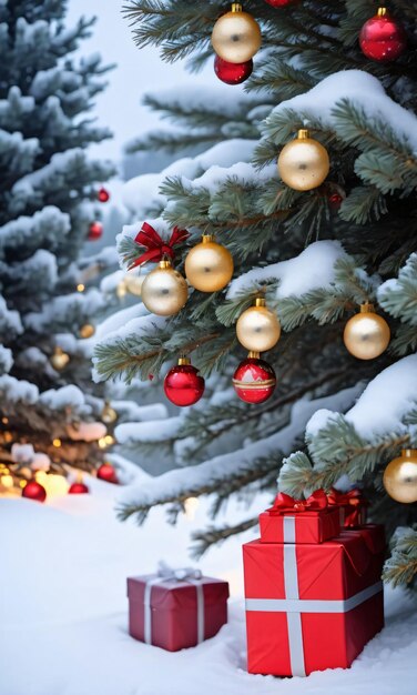 Christmas Presents Under A SnowCovered Pine Tree Dawn Outdoor Wide Shot