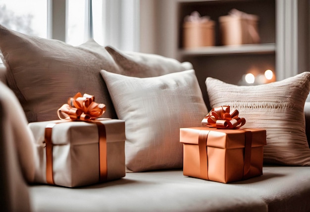 Christmas presents on a sofa in the living room with a Christmas tree AI generated