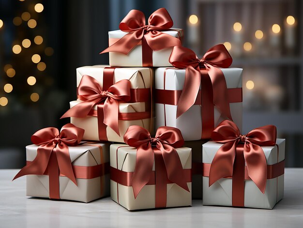 christmas presents stacked on top of each other with a red bow.