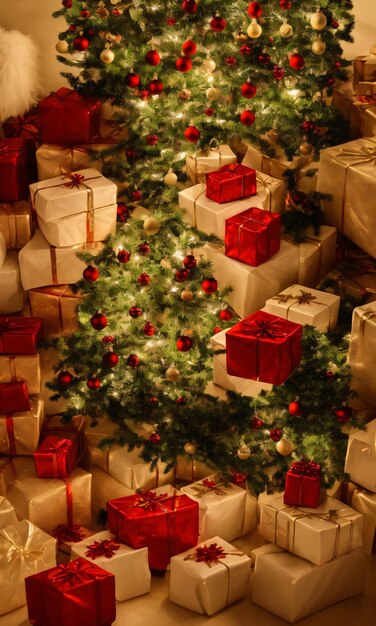Рождественские подарки под деревом, комната освещена мягким светом сказочных огней.