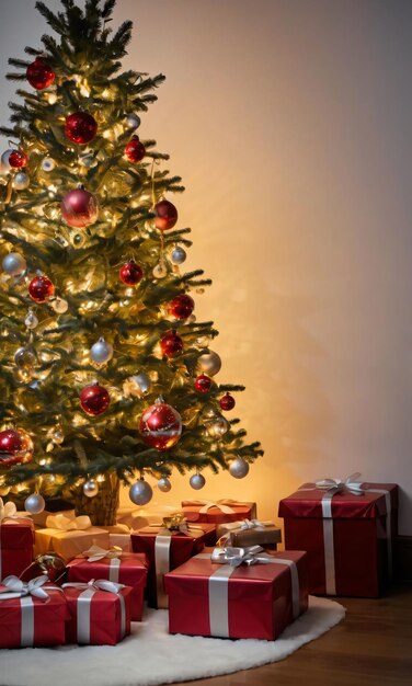 Christmas presents stacked under a tree the room lit by the soft glow of fairy lights