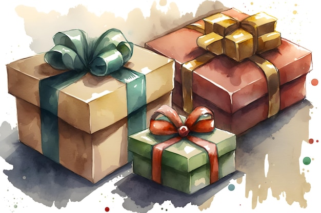 Christmas presents in watercolor painting style