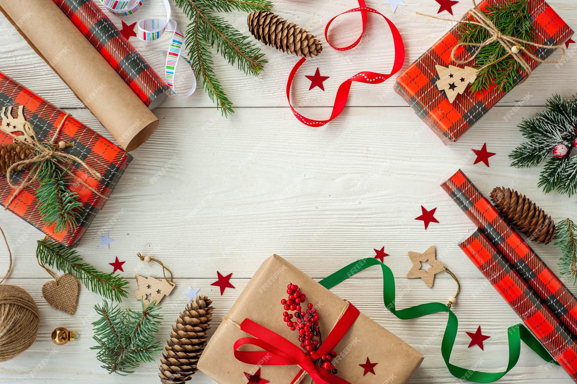 Rustic Christmas Gift Box With Christmas Decorations On White Wooden  Background Flatlay Copy Space Stock Photo - Download Image Now - iStock