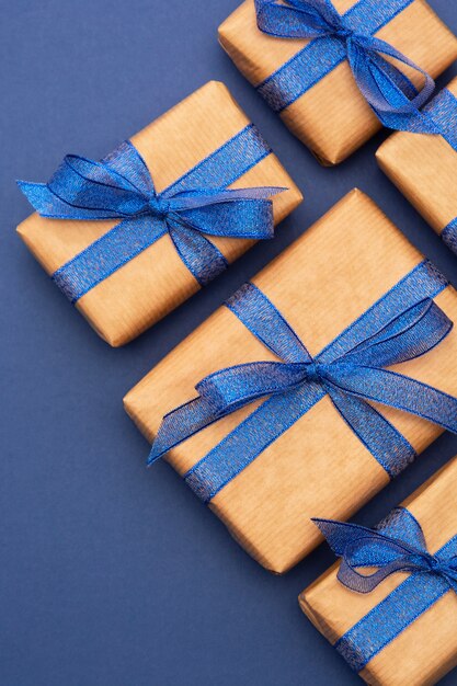 Christmas presents with blue ribbon