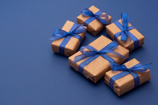 Christmas presents with blue ribbon