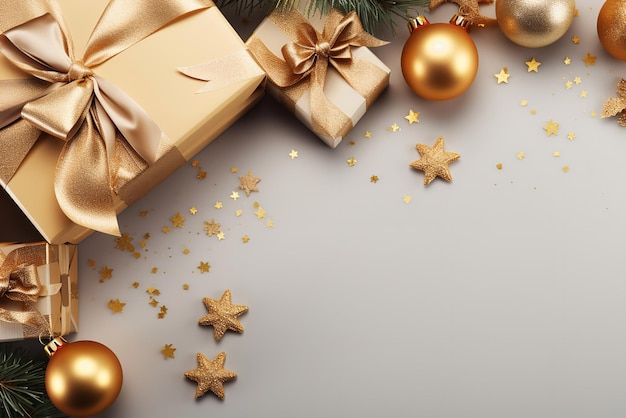 christmas presents with gold bows and ornaments on a white background generative ai