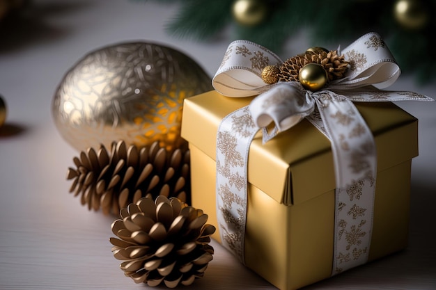 Christmas presents with a golden acorn on top are wrapped in yellow ribbon