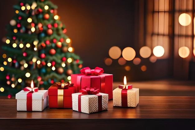 christmas presents on a wooden table with a christmas tree in the background.