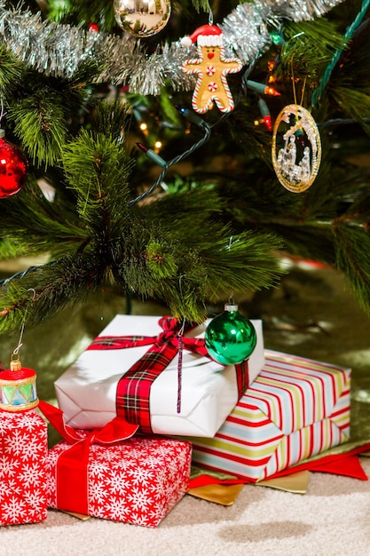 Christmas presents wrapped in colorful paper.